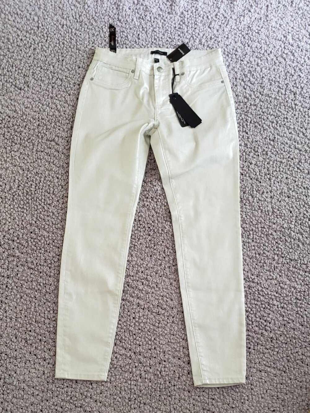 NWT bebe Women's Pants Size 30 Silver White Stretch Skinny Denim Jeans Logo